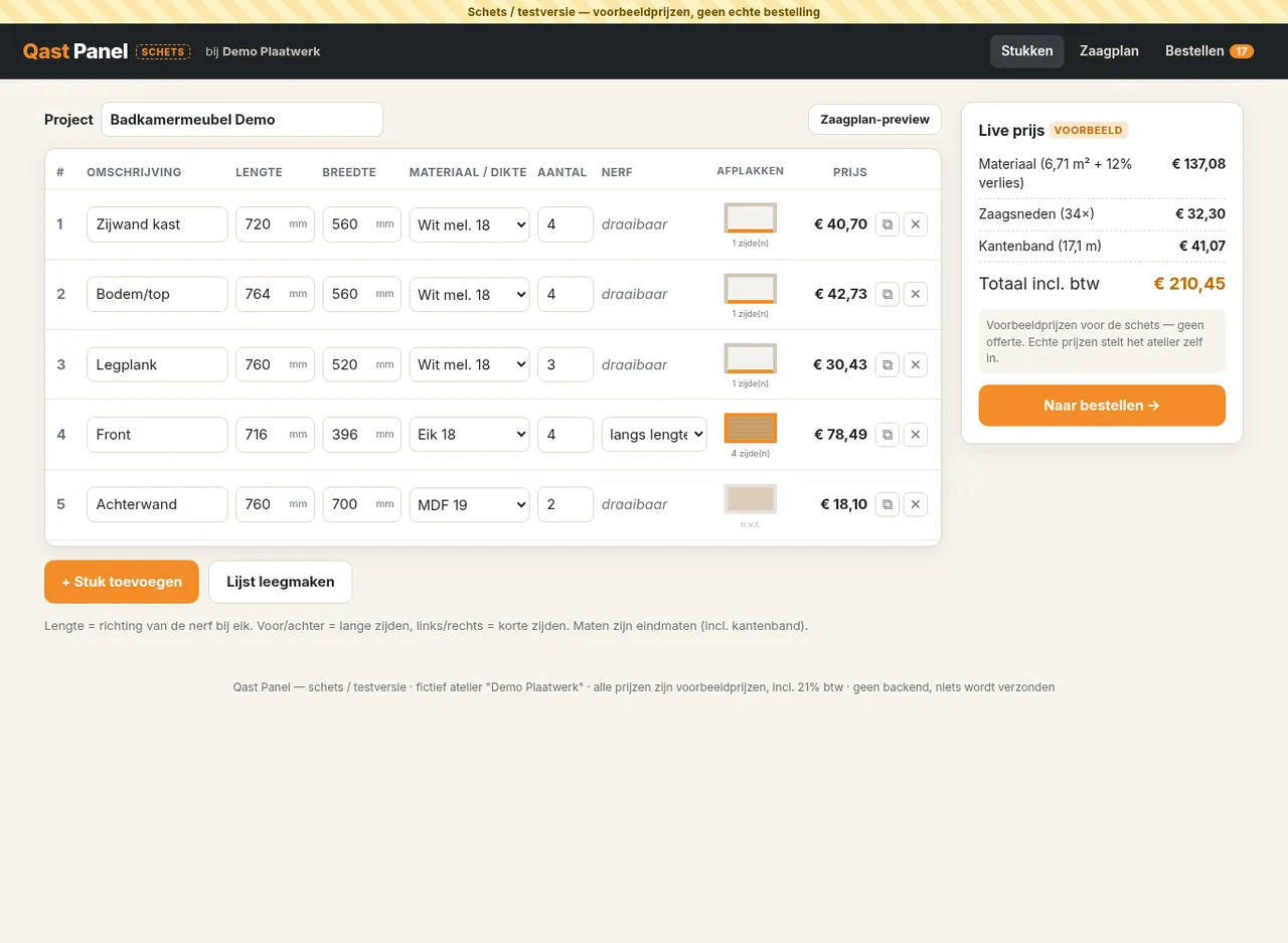 Stukkenlijst met live prijs in Qast Panel