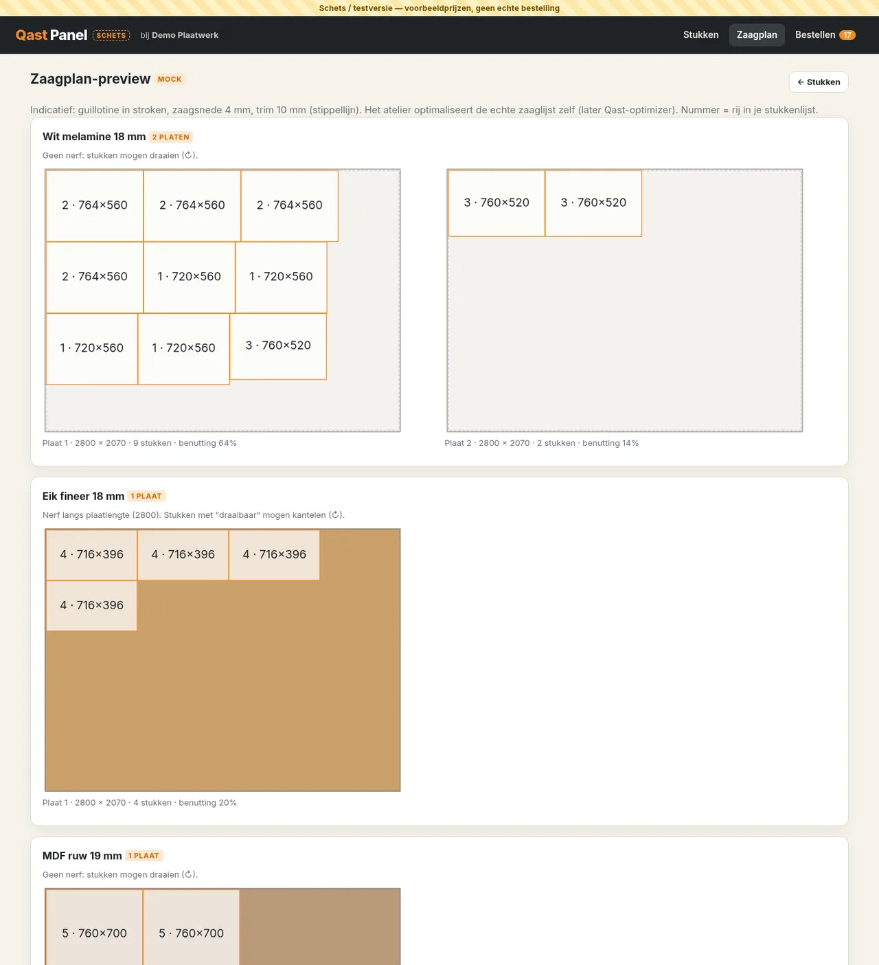 Zaagplan-preview in Qast Panel: stukken op platen