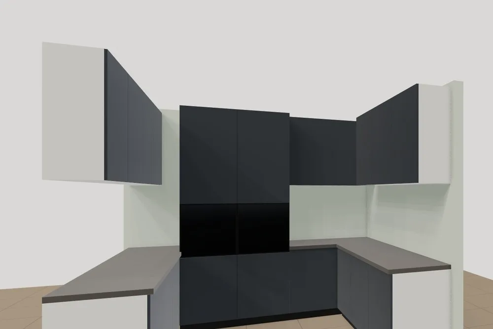 Renderfoto uit Qast Web: U-keuken met onderkasten, bovenkasten, 2 hoge ovenkasten, muurkleur en vloertegels